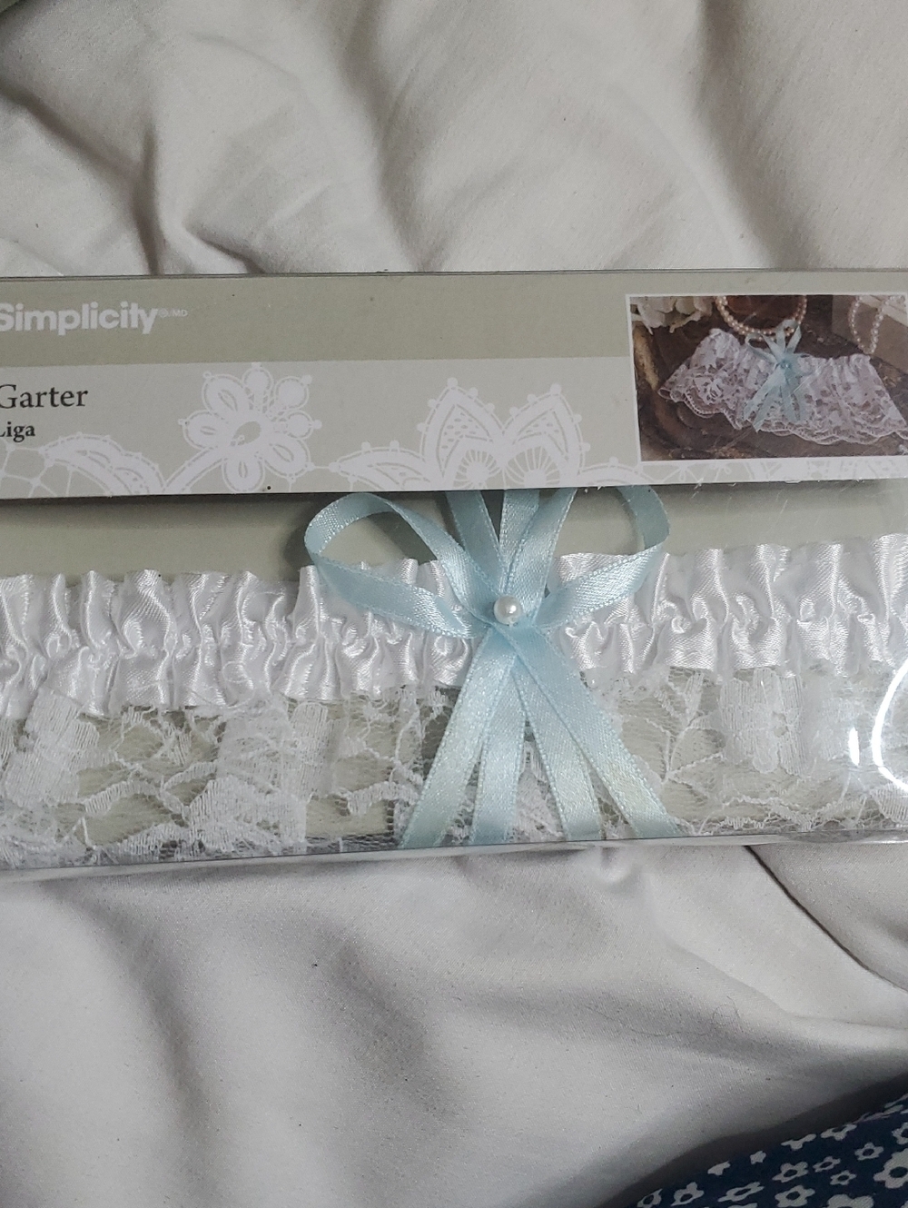Simplicity White Lace Garter with Pale Blue Ribbon